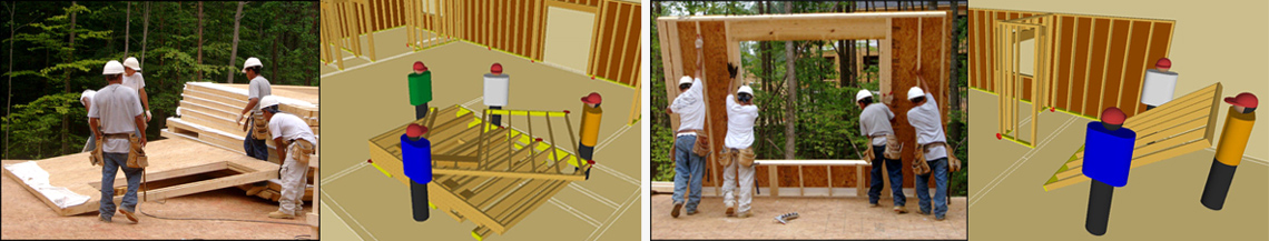 Construction workers and the decision support system software: (left 2 images) Workers prepares to move a panel in photo and program, and (right 2 images) Workers installing the panel.